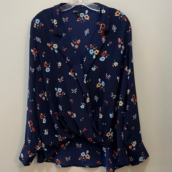 draped boho Blouse Long sleeve high-low Navy Floral semi-sheer Top size medium - Picture 9 of 9
